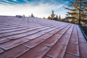 spring roof inspection, roofing and construction expert in Hammond, LA at Pride Roofing LLC. A close-up view of a residential roof with a thin layer of frost.